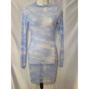 Forever 21 Sky-Print Long-Sleeve Sheer Dress - Light Blue & White Small Sz.